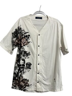 Religion White Button Front Tee with Floral Skull Print Praying Skeleton Size L